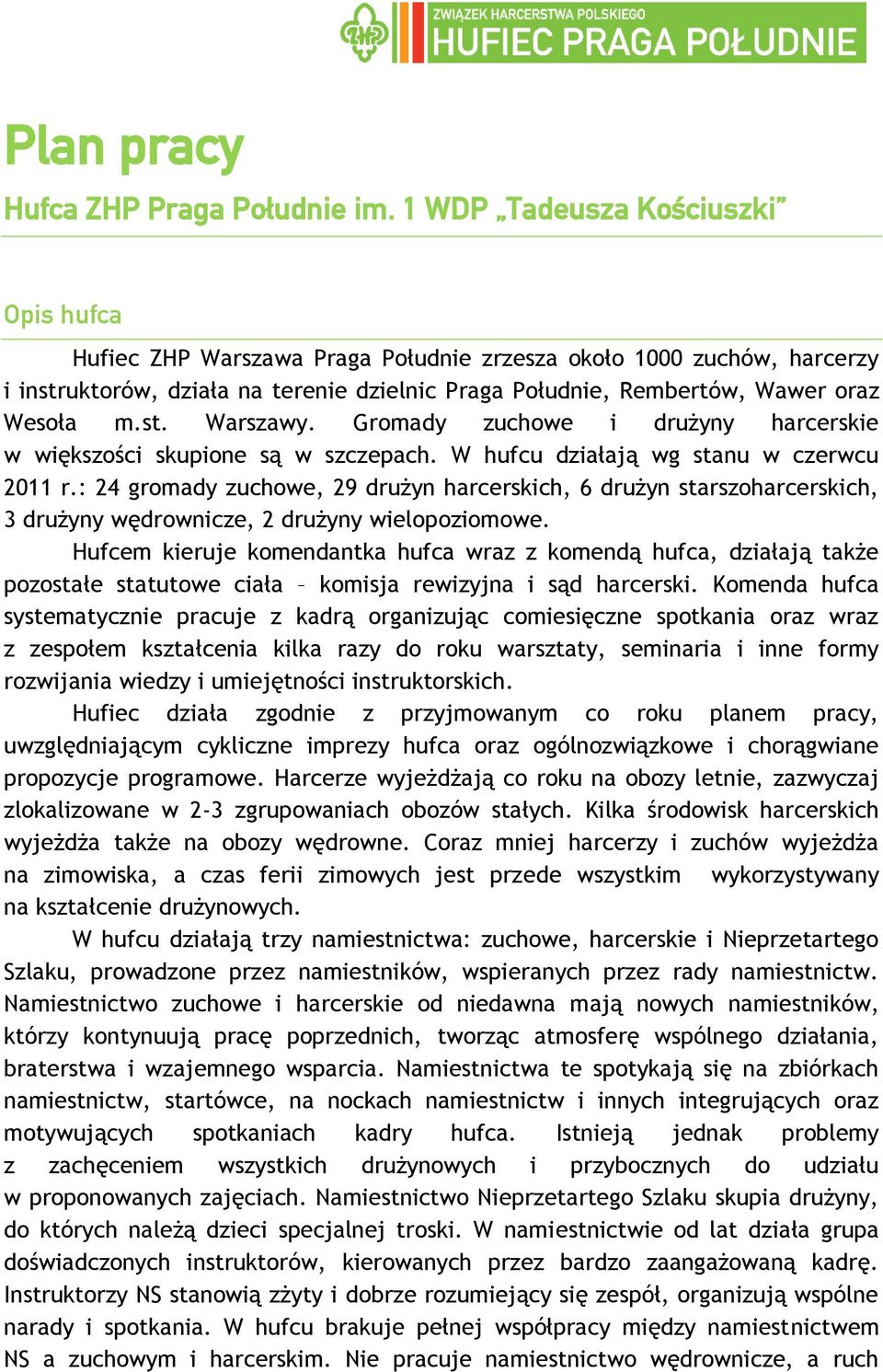 st. Warszawy. Gromady zuchowe i drużyny harcerskie w większości skupione są w szczepach. W hufcu działają wg stanu w czerwcu 2011 r.