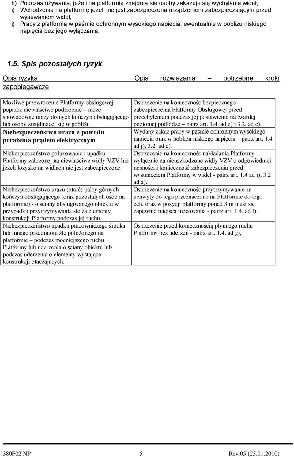 Spis pozostałych ryzyk Opis ryzyka Opis rozwiązania potrzebne kroki zapobiegawcze Możliwe przewrócenie Platformy obsługowej poprzez niewłaściwe podłożenie może spowodować urazy dolnych kończyn