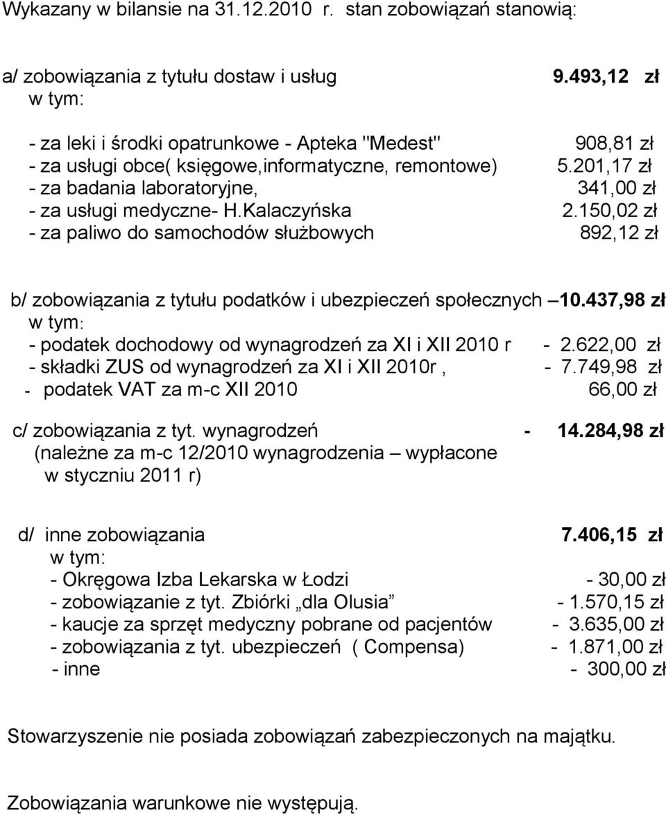 201,17 zł - za badania laboratoryjne, 341,00 zł - za usługi medyczne- H.Kalaczyńska 2.