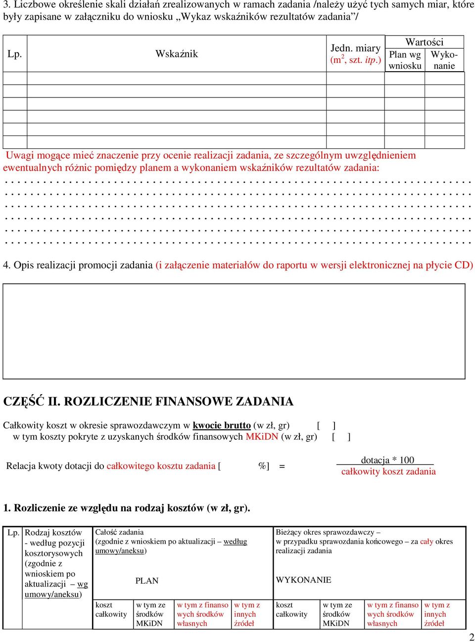 ) Plan wg wniosku Wartości Wykonanie Uwagi mogące mieć znaczenie przy ocenie realizacji zadania, ze szczególnym uwzględnieniem ewentualnych róŝnic pomiędzy planem a wykonaniem wskaźników rezultatów