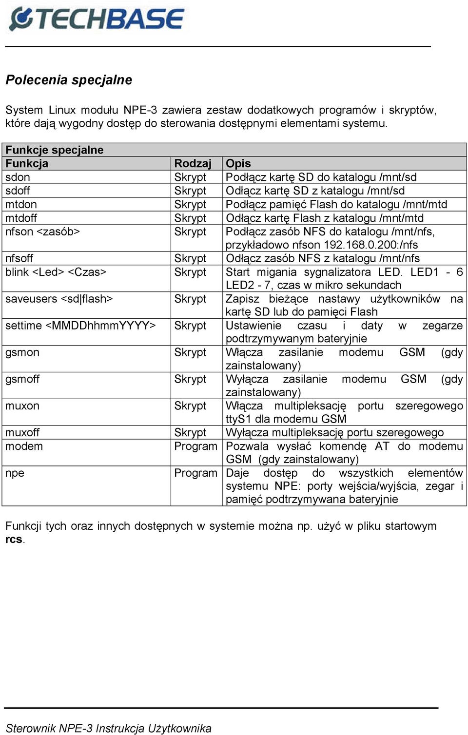 Skrypt Odłącz kartę Flash z katalogu /mnt/mtd nfson <zasób> Skrypt Podłącz zasób NFS do katalogu /mnt/nfs, przykładowo nfson 192.168.0.