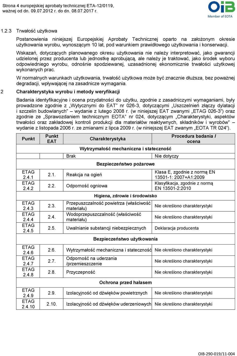 3 Trwałość użytkowa Postanowienia niniejszej Europejskiej Aprobaty Technicznej oparto na założonym okresie użytkowania wyrobu, wynoszącym 10 lat, pod warunkiem prawidłowego użytkowania i konserwacji.