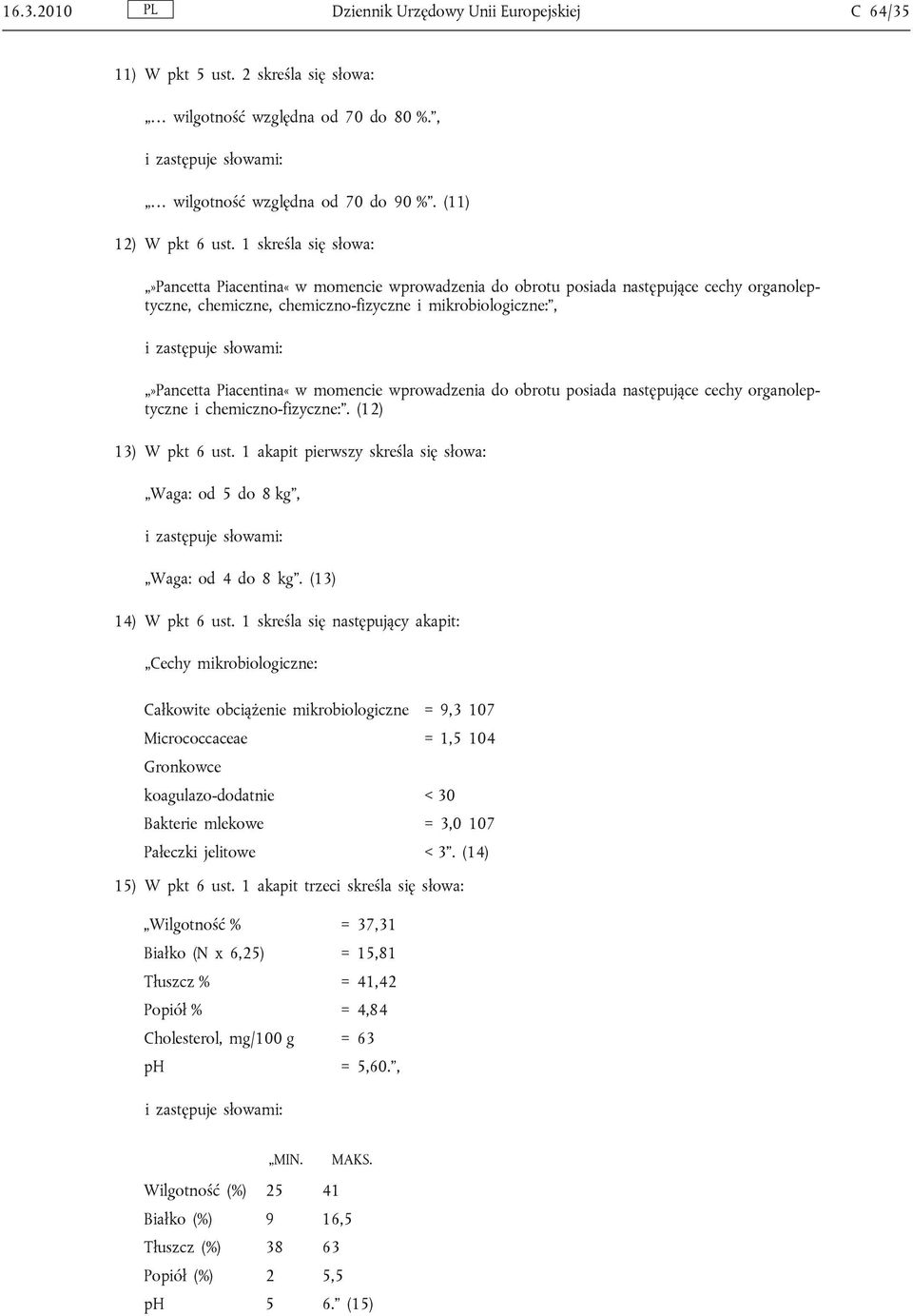 wprowadzenia do obrotu posiada następujące cechy organoleptyczne i chemiczno-fizyczne:. (12) 13) W pkt 6 ust. 1 akapit pierwszy skreśla się słowa: Waga: od 5 do 8 kg, Waga: od 4 do 8 kg.