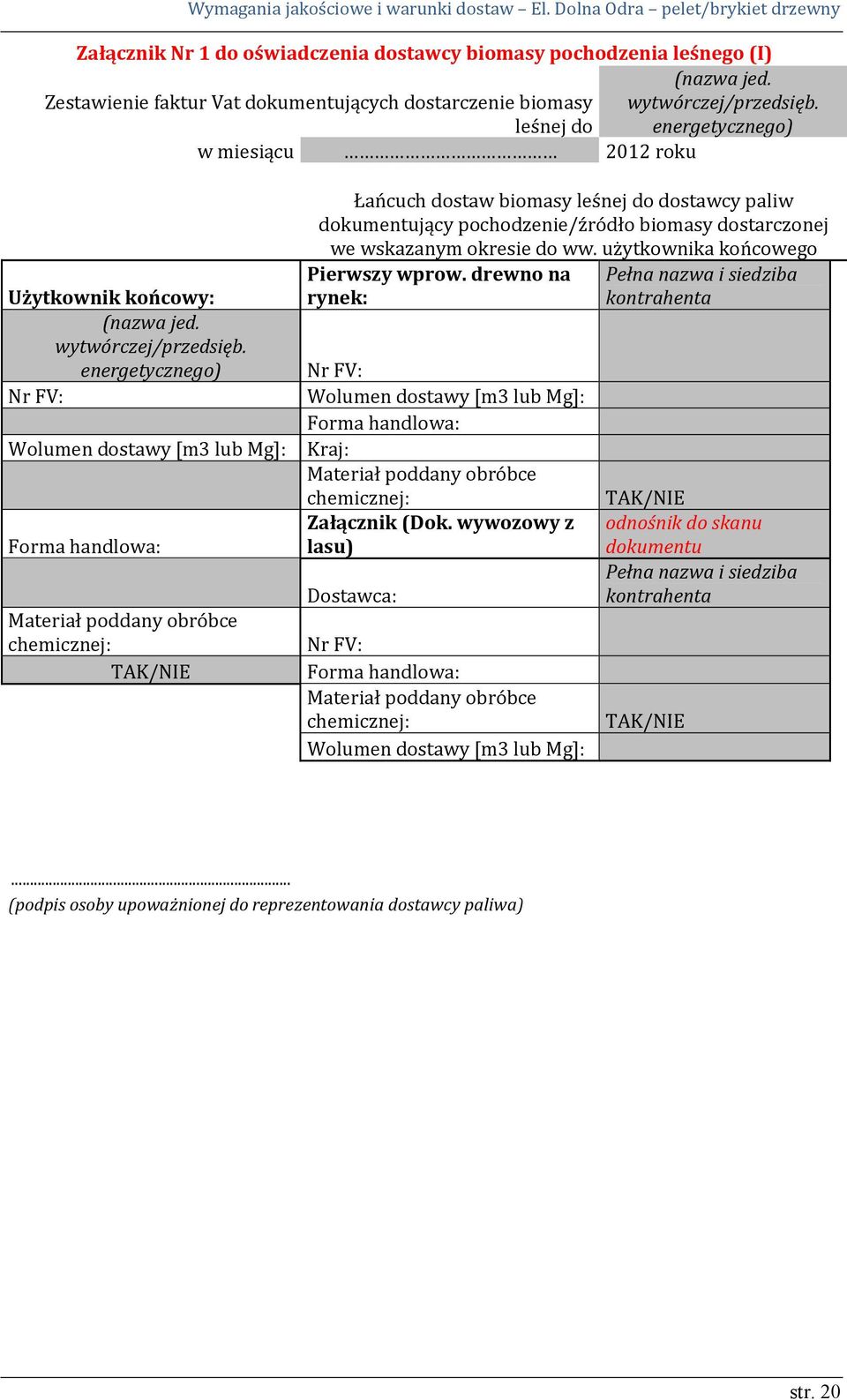 energetycznego) Nr FV: Wolumen dostawy [m3 lub Mg]: Forma handlowa: Materiał poddany obróbce chemicznej: TAK/NIE Łańcuch dostaw biomasy leśnej do dostawcy paliw dokumentujący pochodzenie/źródło