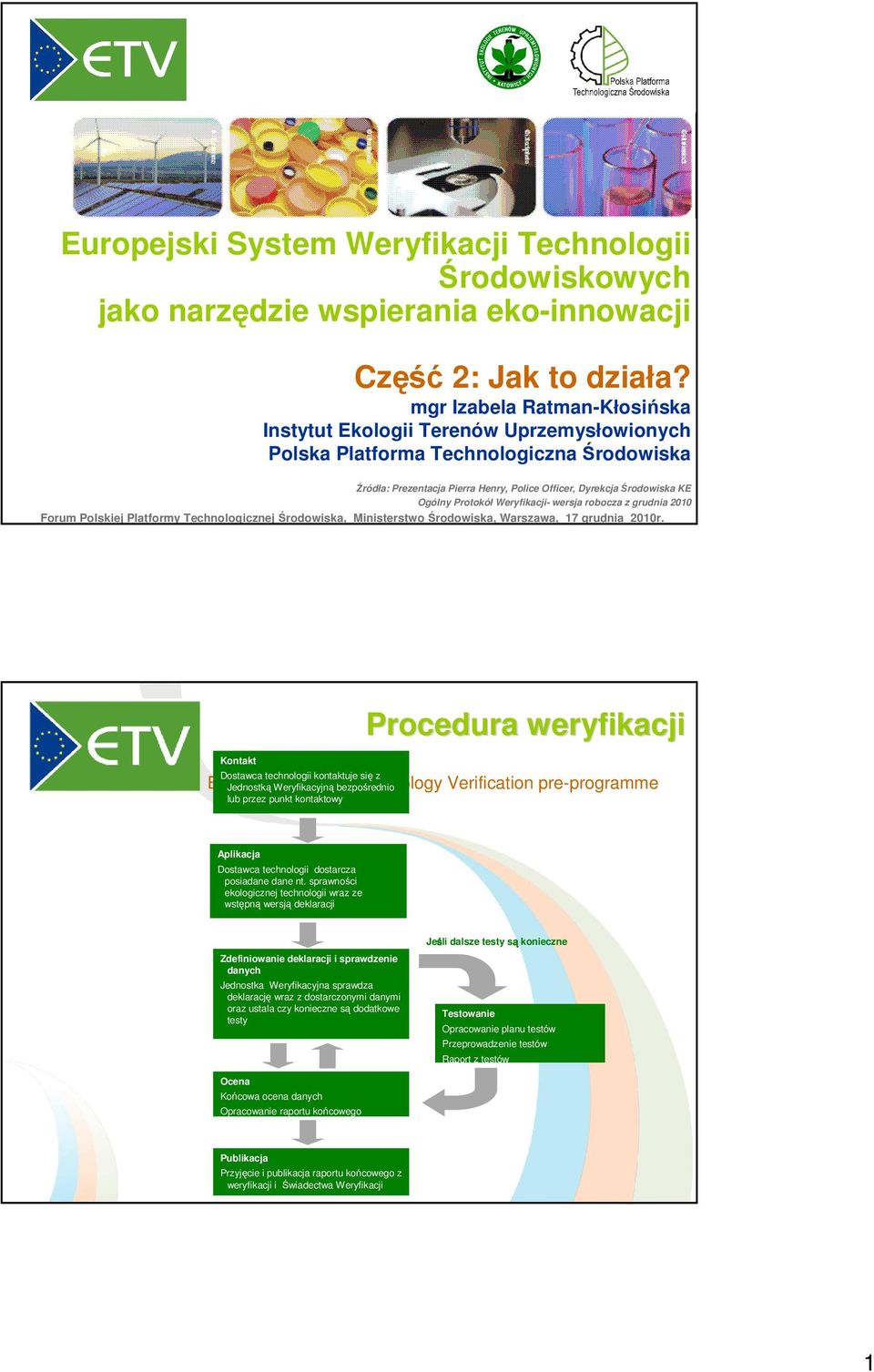 Protokół Weryfikacji- wersja robocza z grudnia 2010 Forum Polskiej Platformy Technologicznej Środowiska, Ministerstwo Środowiska, Warszawa, 17 grudnia 2010r.