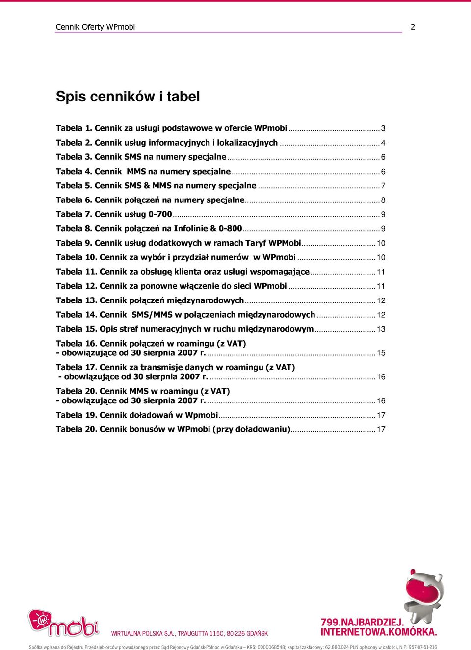 Cennik usług 0-700...9 Tabela 8. Cennik połączeń na Infolinie & 0-800...9 Tabela 9. Cennik usług dodatkowych w ramach Taryf WPMobi...10 Tabela 10. Cennik za wybór i przydział numerów w WPmobi.