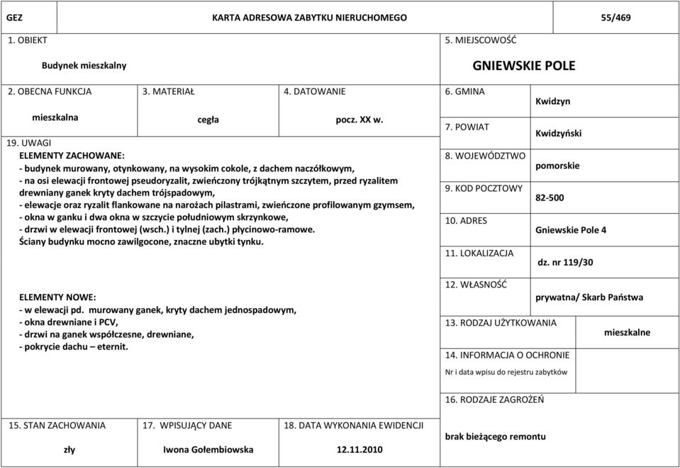 ganek kryty dachem trójspadowym, - elewacje oraz ryzalit flankowane na narożach pilastrami, zwieńczone profilowanym gzymsem, - okna w ganku i dwa okna w szczycie południowym skrzynkowe, - drzwi w