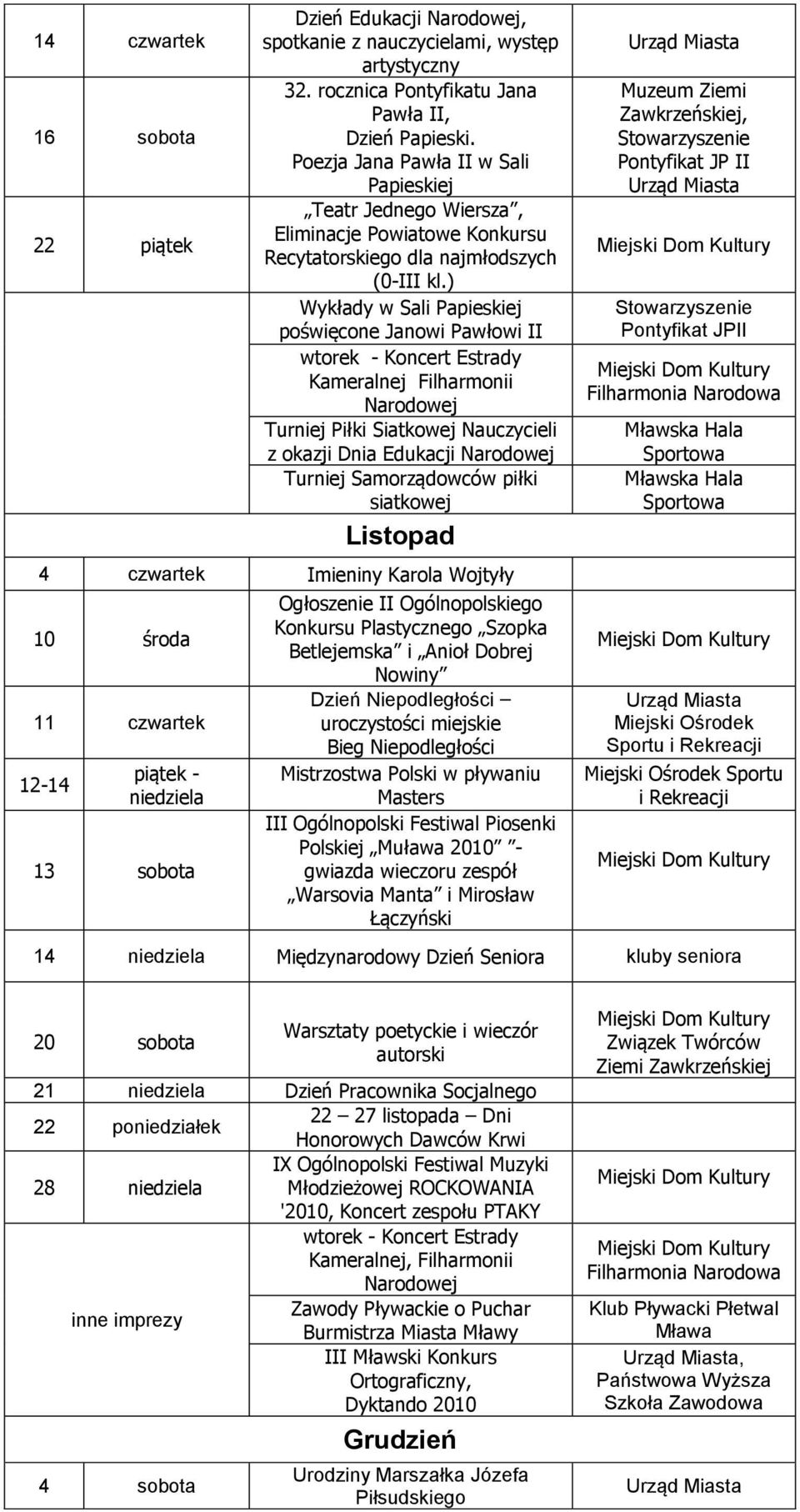 ) Wykłady w Sali Papieskiej poświęcone Janowi Pawłowi II wtorek - Koncert Estrady Kameralnej Filharmonii Narodowej Turniej Piłki Siatkowej Nauczycieli z okazji Dnia Edukacji Narodowej Turniej