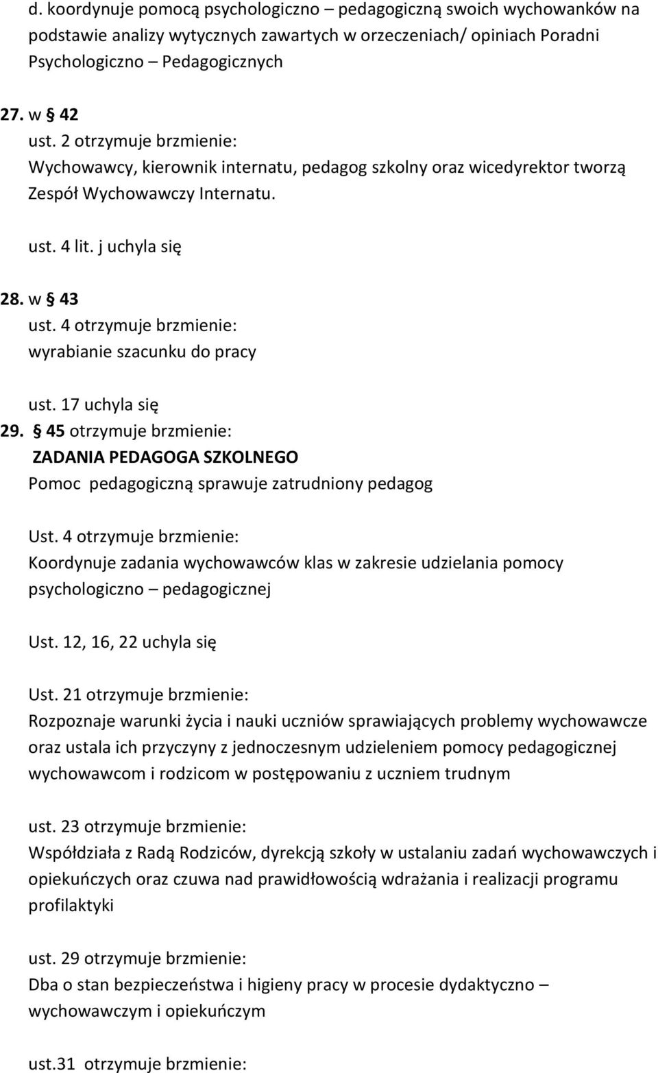 4 otrzymuje brzmienie: wyrabianie szacunku do pracy ust. 17 uchyla się 29. 45 otrzymuje brzmienie: ZADANIA PEDAGOGA SZKOLNEGO Pomoc pedagogiczną sprawuje zatrudniony pedagog Ust.