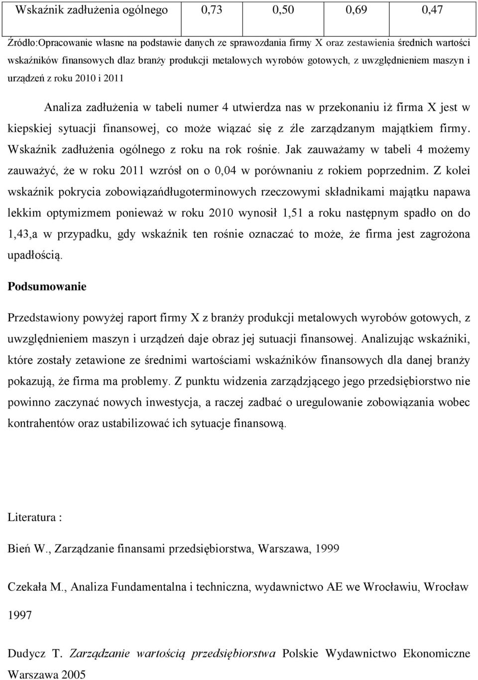 może wiązać się z źle zarządzanym majątkiem firmy. zadłużenia ogólnego z roku na rok rośnie. Jak zauważamy w tabeli 4 możemy zauważyć, że w roku 2011 wzrósł on o 0,04 w porównaniu z rokiem poprzednim.