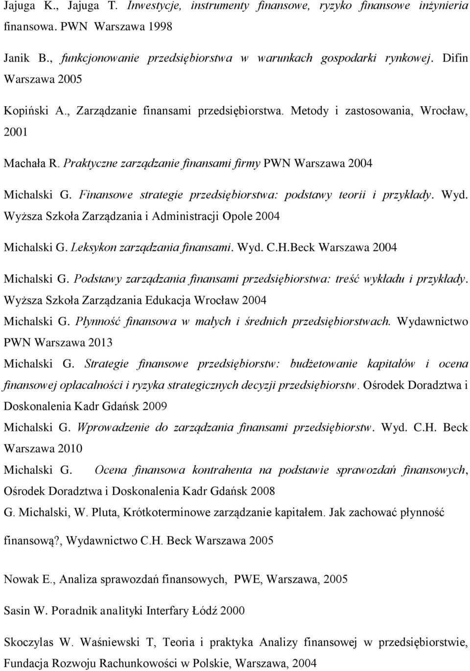 Finansowe strategie przedsiębiorstwa: podstawy teorii i przykłady. Wyd. Wyższa Szkoła Zarządzania i Administracji Opole 2004 Michalski G. Leksykon zarządzania finansami. Wyd. C.H.