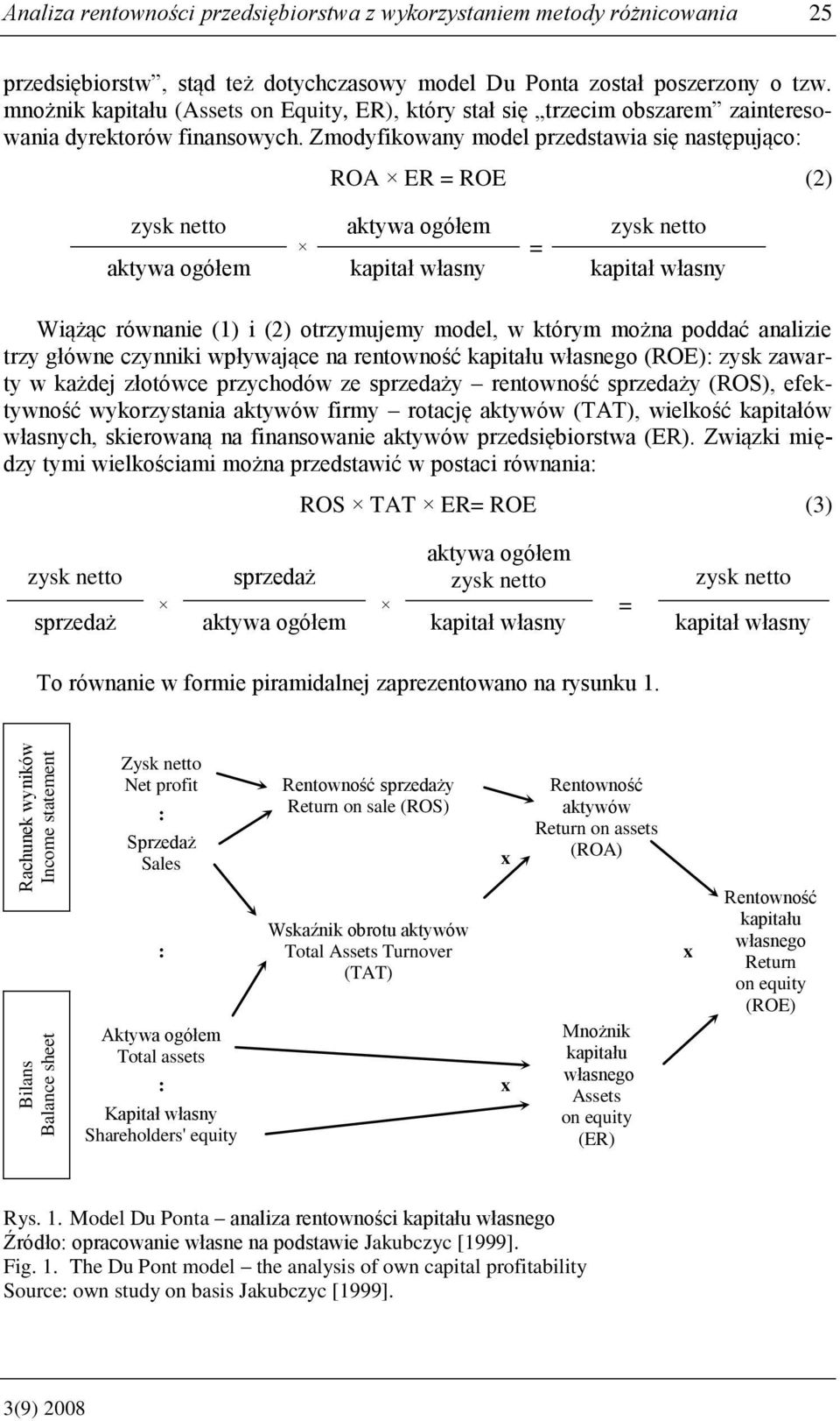 Zmodyfikowany model przedstawia się następująco ROA ER = (2) aktywa ogółem = aktywa ogółem kapitał własny kapitał własny Wiążąc równanie (1) i (2) otrzymujemy model, w którym można poddać analizie