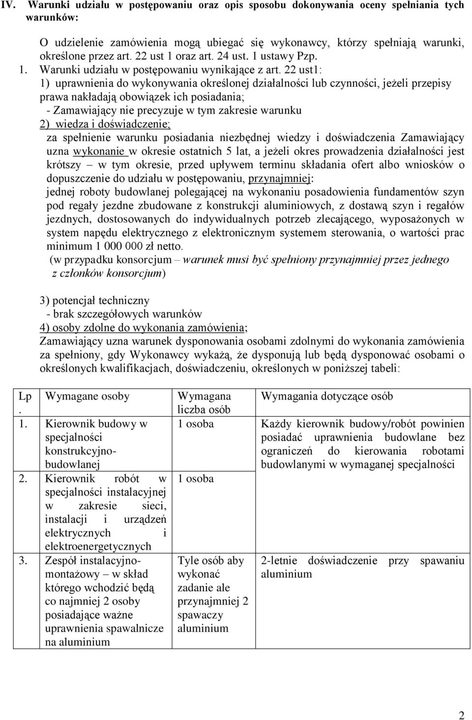 22 ust1: 1) uprawnienia do wykonywania określonej działalności lub czynności, jeżeli przepisy prawa nakładają obowiązek ich posiadania; - Zamawiający nie precyzuje w tym zakresie warunku 2) wiedza i