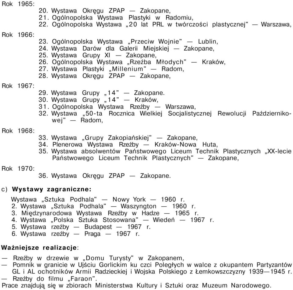 Wystawa Grupy XI Zakopane, 26. Ogólnopolska Wystawa Rzeźba Młodych" Kraków, 27. Wystawa Plastyki Millenium" Radom, 28. Wystawa Okręgu ZPAP Zakopane, 29. Wystawa Grupy 14" Zakopane. 30.
