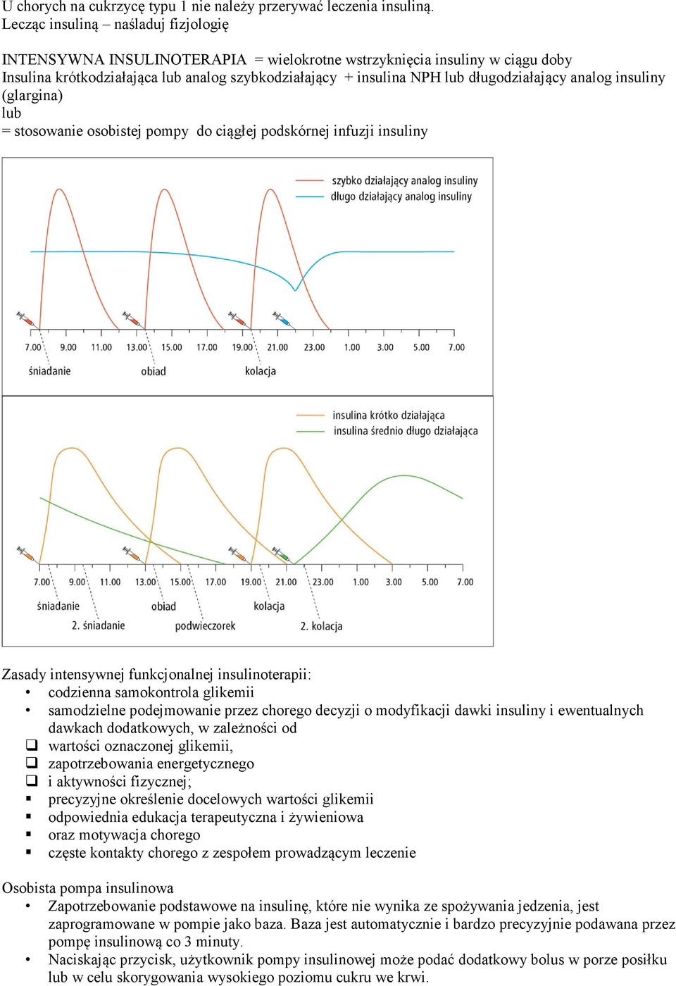 długodziałający analog insuliny (glargina) lub = stosowanie osobistej pompy do ciągłej podskórnej infuzji insuliny Zasady intensywnej funkcjonalnej insulinoterapii: codzienna samokontrola glikemii
