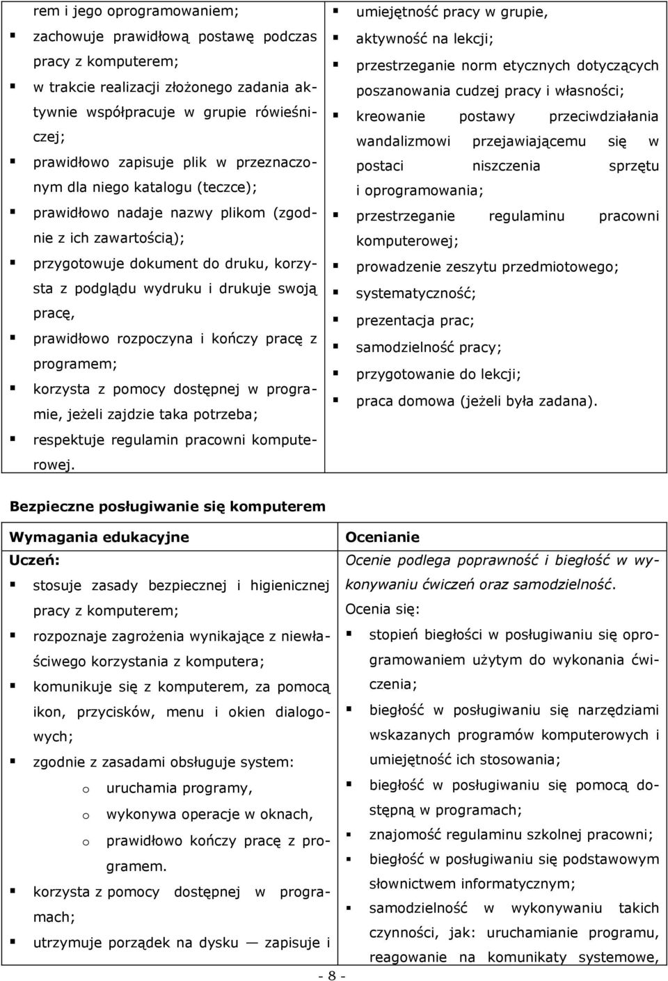 rozpoczyna i kończy pracę z programem; korzysta z pomocy dostępnej w programie, jeżeli zajdzie taka potrzeba; respektuje regulamin pracowni komputerowej.