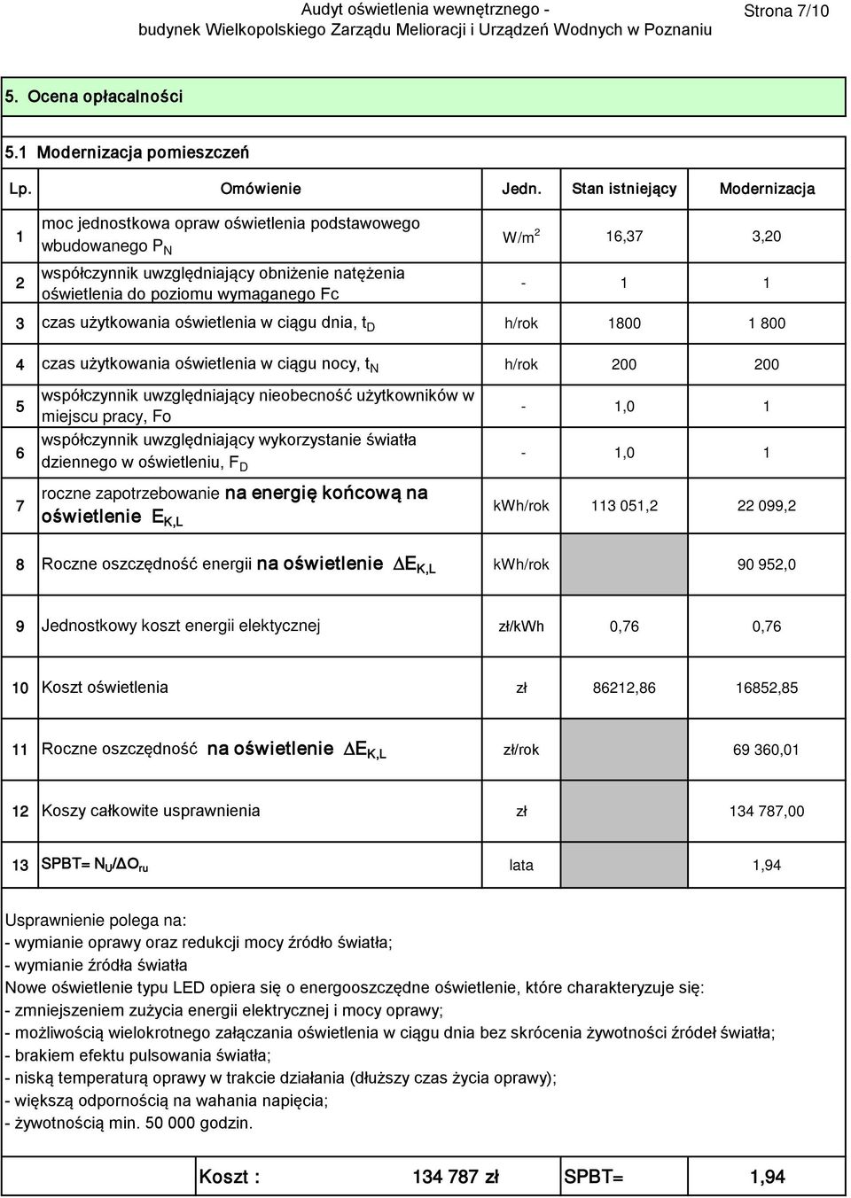 1 1 3 czas użytkowania oświetlenia w ciągu dnia, t D h/rok 1800 1 800 4 czas użytkowania oświetlenia w ciągu nocy, t N h/rok 200 200 5 współczynnik uwzględniający nieobecność użytkowników w miejscu