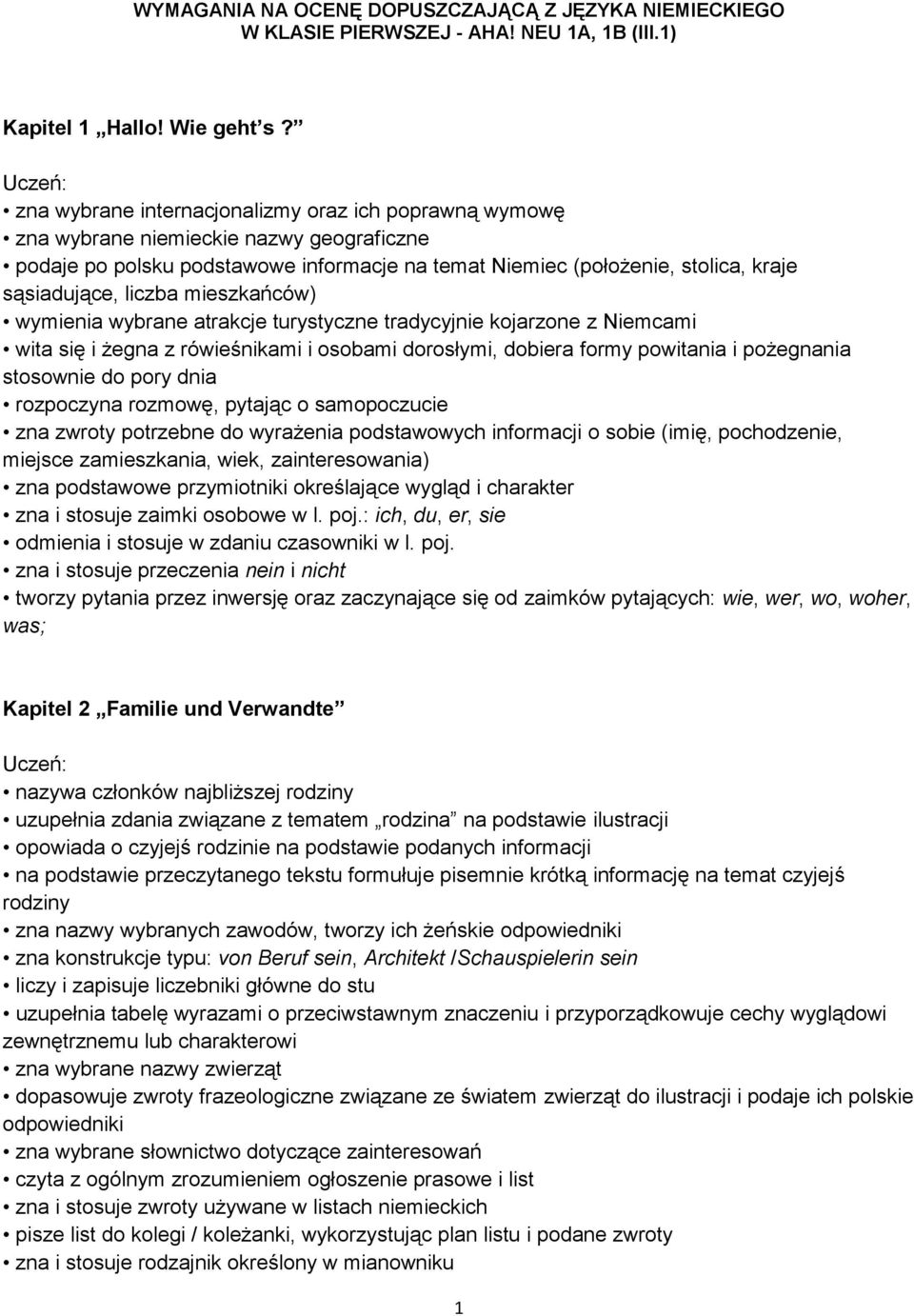 mieszkańców) wymienia wybrane atrakcje turystyczne tradycyjnie kojarzone z Niemcami wita się i żegna z rówieśnikami i osobami dorosłymi, dobiera formy powitania i pożegnania stosownie do pory dnia