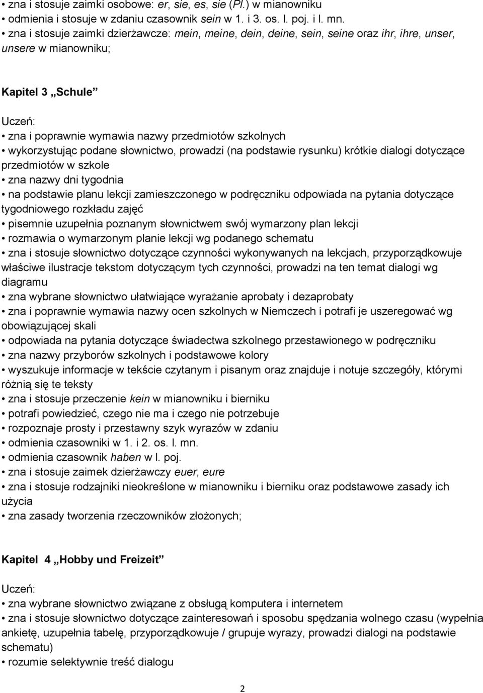 podane słownictwo, prowadzi (na podstawie rysunku) krótkie dialogi dotyczące przedmiotów w szkole zna nazwy dni tygodnia na podstawie planu lekcji zamieszczonego w podręczniku odpowiada na pytania