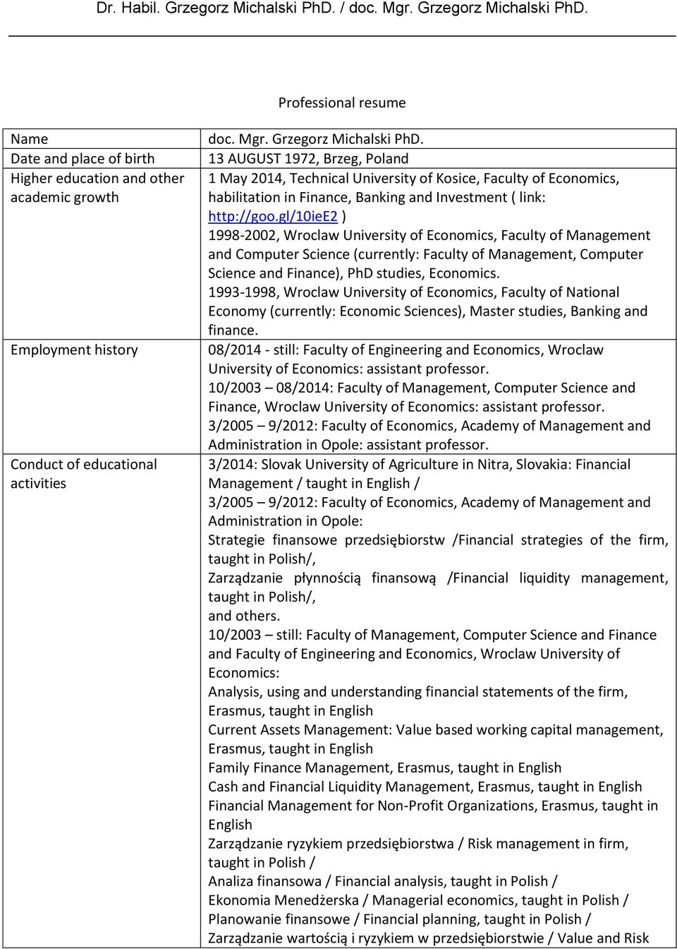 gl/10iee2 ) 1998-2002, Wroclaw University of Economics, Faculty of Management and Computer Science (currently: Faculty of Management, Computer Science and Finance), PhD studies, Economics.