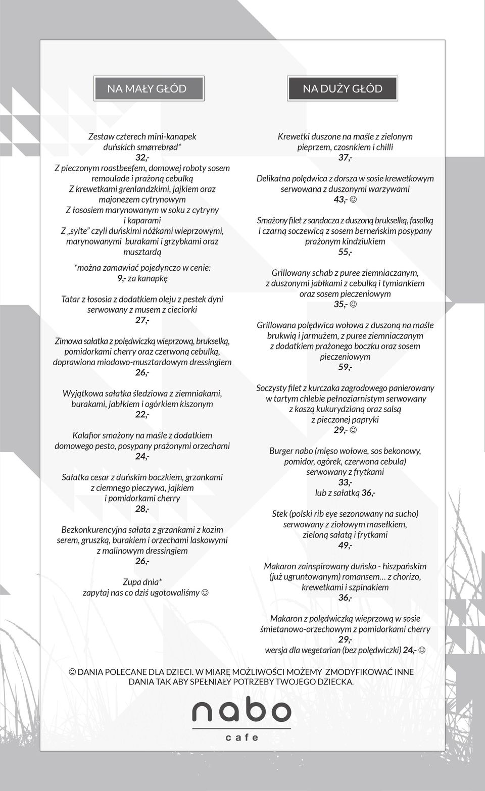 cenie: 9,- za kanapkę Tatar z łososia z dodatkiem oleju z pestek dyni serwowany z musem z cieciorki 27,- Zimowa sałatka z polędwiczką wieprzową, brukselką, pomidorkami cherry oraz czerwoną cebulką,