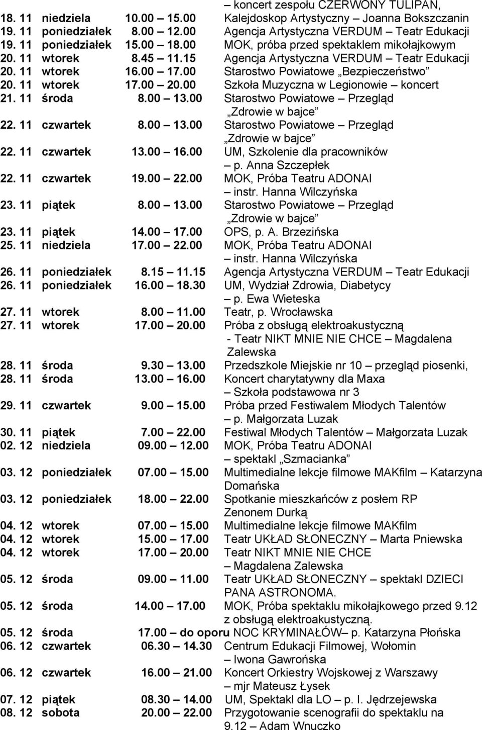 11 wtorek 17.00 20.00 Szkoła Muzyczna w Legionowie koncert 21. 11 środa 8.00 13.00 Starostwo Powiatowe Przegląd Zdrowie w bajce 22. 11 czwartek 8.00 13.00 Starostwo Powiatowe Przegląd Zdrowie w bajce 22. 11 czwartek 13.