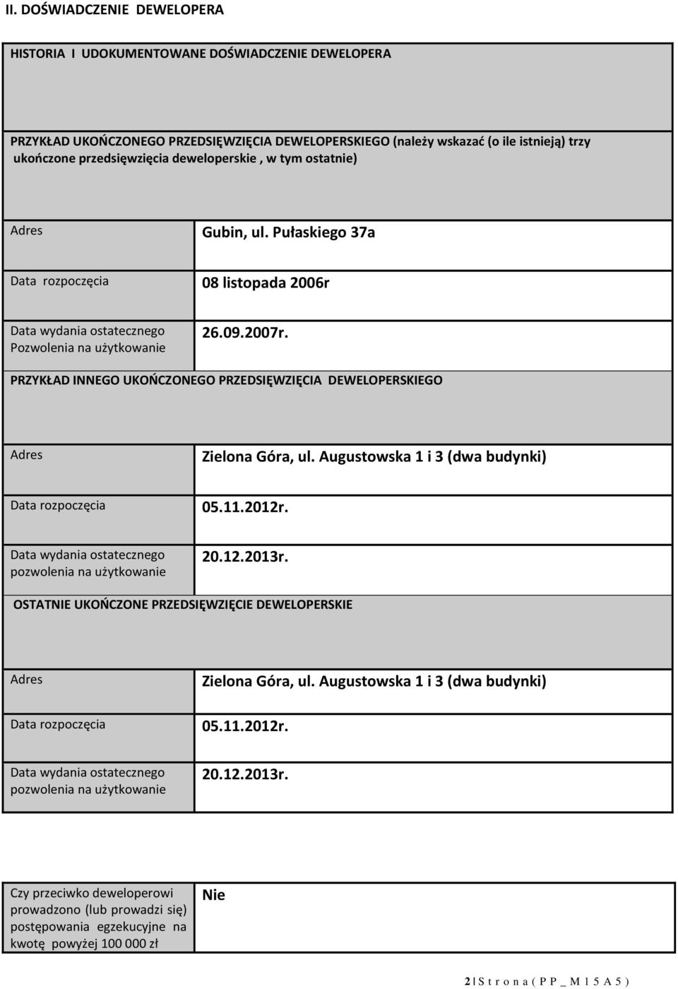 PRZYKŁAD INNEGO UKOŃCZONEGO PRZEDSIĘWZIĘCIA DEWELOPERSKIEGO Adres Zielona Góra, ul. Augustowska 1 i 3 (dwa budynki) Data rozpoczęcia 05.11.2012r.