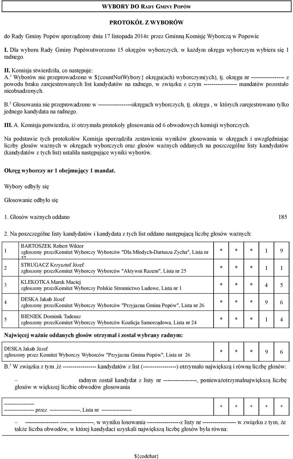 Wyborów nie przeprowadzono w ${countnotwybory} okręgu(ach) wyborczym(ych), tj. okręgu nr z powodu braku zarejestrowanych list kandydatów na radnego, w związku z czym mandatów pozostało nieobsadzonych.