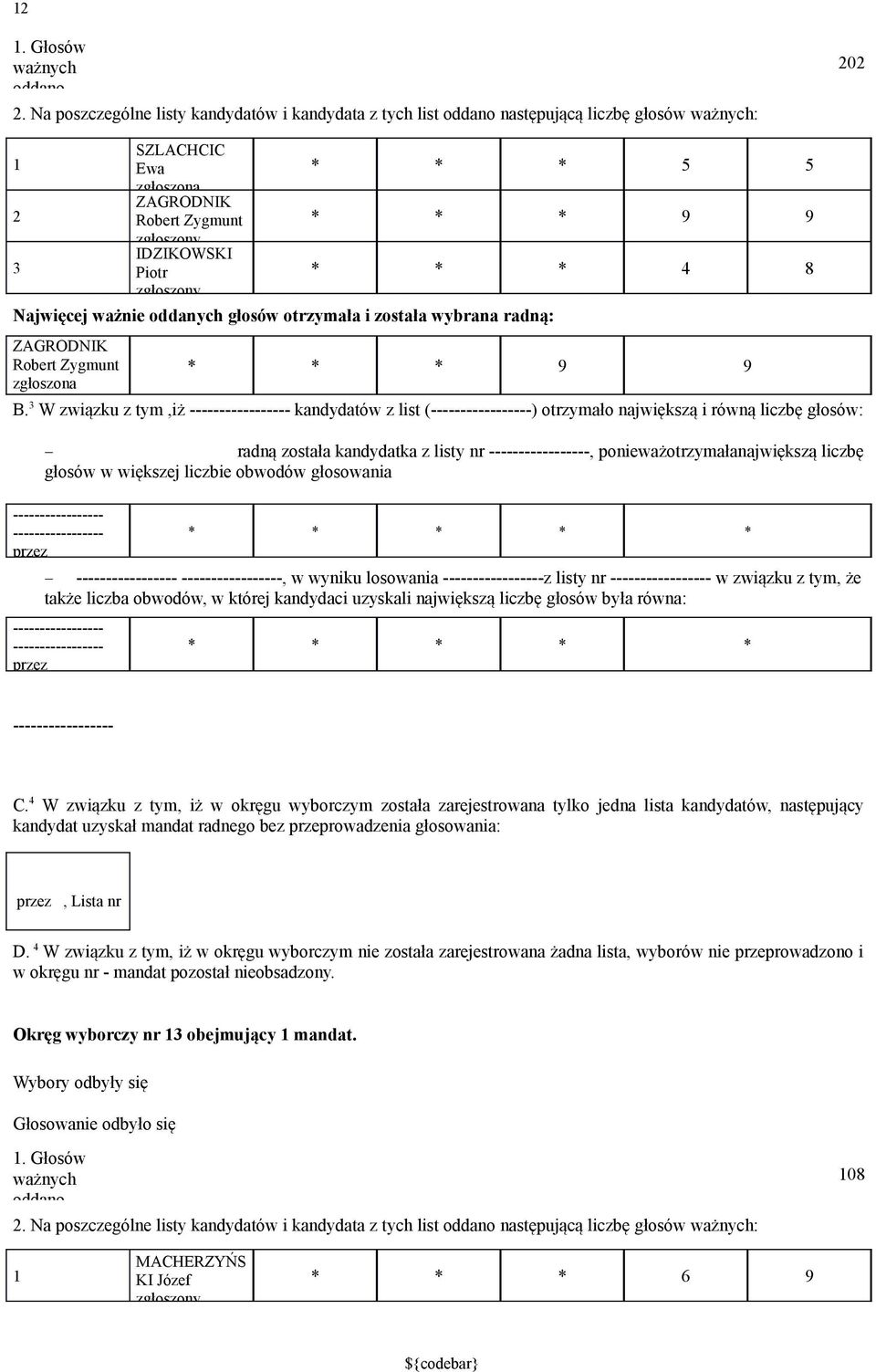 głosów otrzymała i została wybrana radną: ZAGRODNIK Robert Zygmunt * * * 9 9 Komitet B.