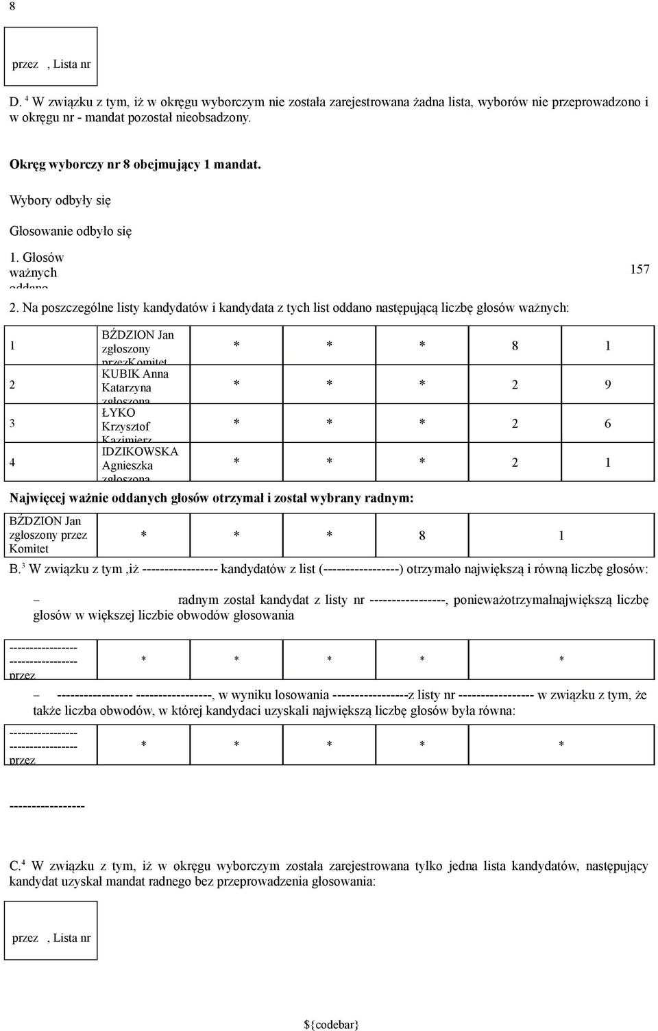 Na poszczególne listy kandydatów i kandydata z tych list oddano następującą liczbę głosów : 7 BŹDZION Jan * * * 8 Komitet KUBIK Anna Katarzyna * * * 9 ŁYKO Krzysztof * * * 6 Kazimierz IDZIKOWSKA