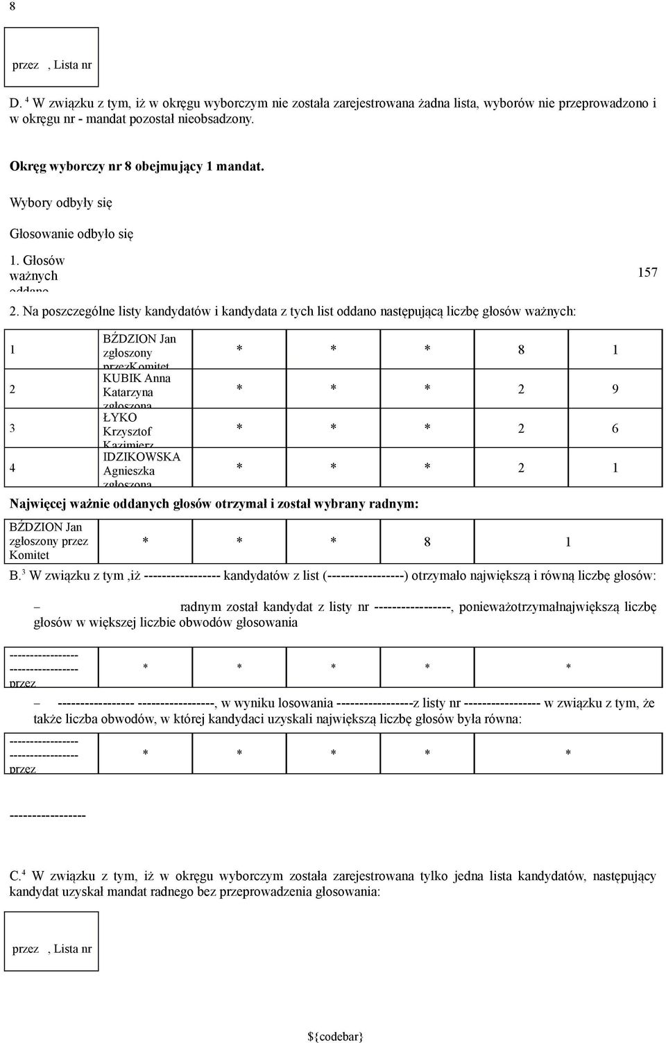 Na poszczególne listy kandydatów i kandydata z tych list oddano następującą liczbę głosów : 7 BŹDZION Jan * * * 8 Komitet KUBIK Anna Katarzyna * * * 9 ŁYKO Krzysztof * * * 6 Kazimierz IDZIKOWSKA