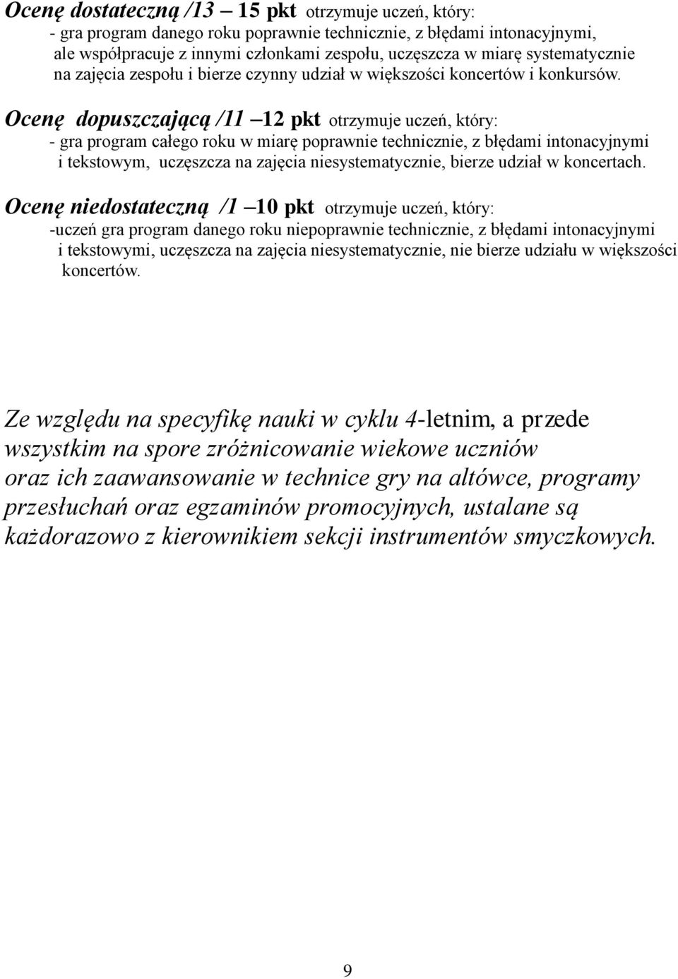 Ocenę dopuszczającą /11 12 pkt otrzymuje uczeń, który: - gra program całego roku w miarę poprawnie technicznie, z błędami intonacyjnymi i tekstowym, uczęszcza na zajęcia niesystematycznie, bierze