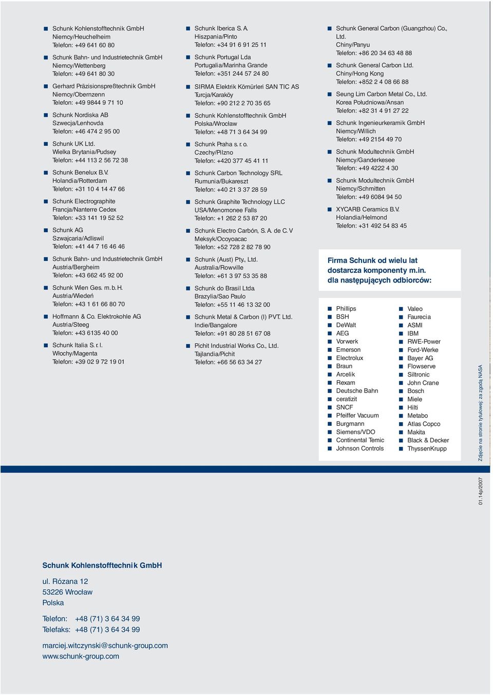Holandia/Rotterdam Telefon: +31 10 4 14 47 66 Schunk Electrographite Francja/Nanterre Cedex Telefon: +33 141 19 52 52 Schunk AG