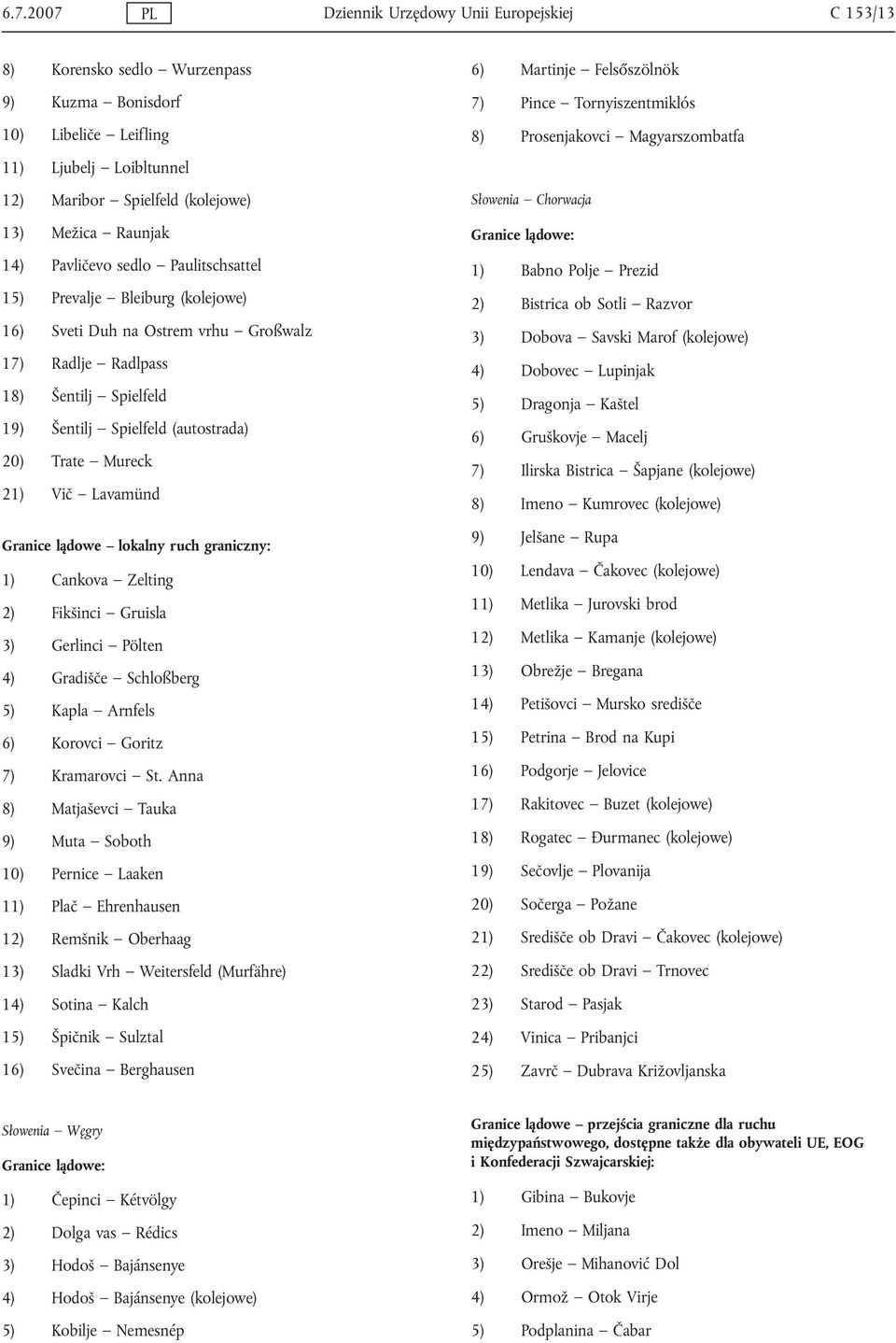 Trate Mureck 21) Vič Lavamünd Granice lądowe lokalny ruch graniczny: 1) Cankova Zelting 2) Fikšinci Gruisla 3) Gerlinci Pölten 4) Gradišče Schloßberg 5) Kapla Arnfels 6) Korovci Goritz 7) Kramarovci