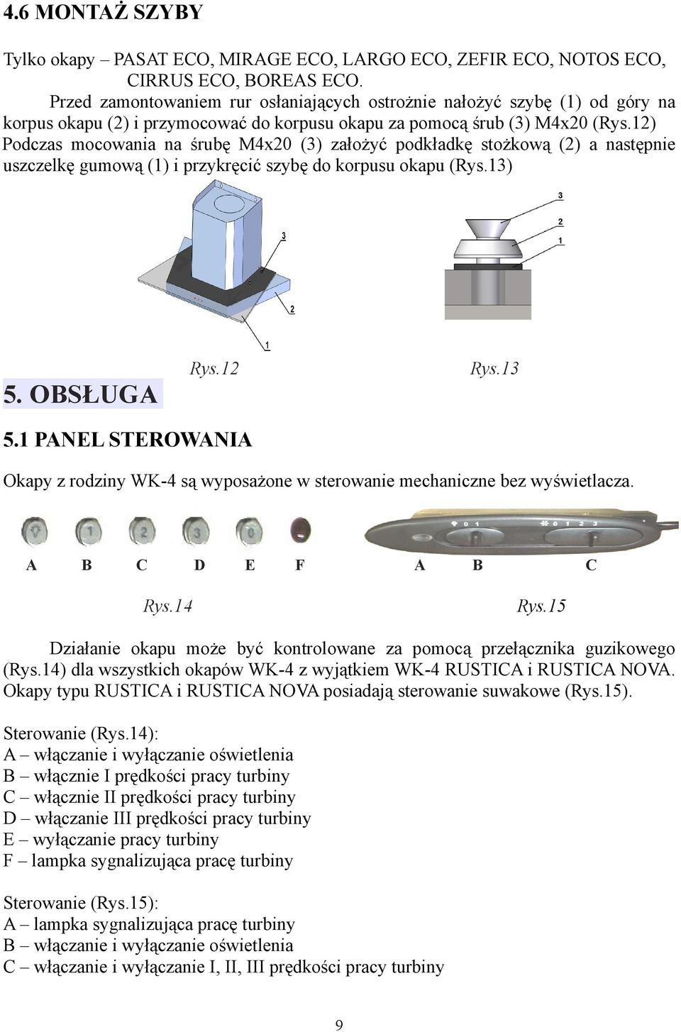 12) Podczas mocowania na śrubę M4x20 (3) założyć podkładkę stożkową (2) a następnie uszczelkę gumową (1) i przykręcić szybę do korpusu okapu (Rys.13) 5. OBSŁUGA Rys.12 Rys.13 5.