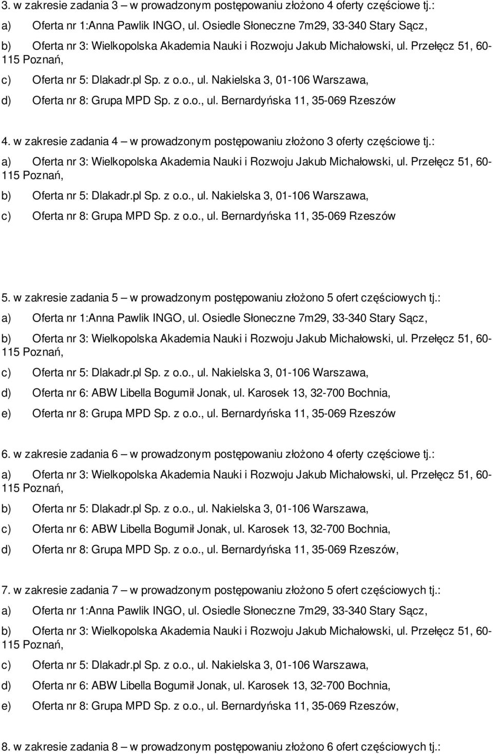 z o.o., ul. Bernardyńska 11, 35-069 Rzeszów 5. w zakresie zadania 5 w prowadzonym postępowaniu złożono 5 ofert częściowych tj.: 6.