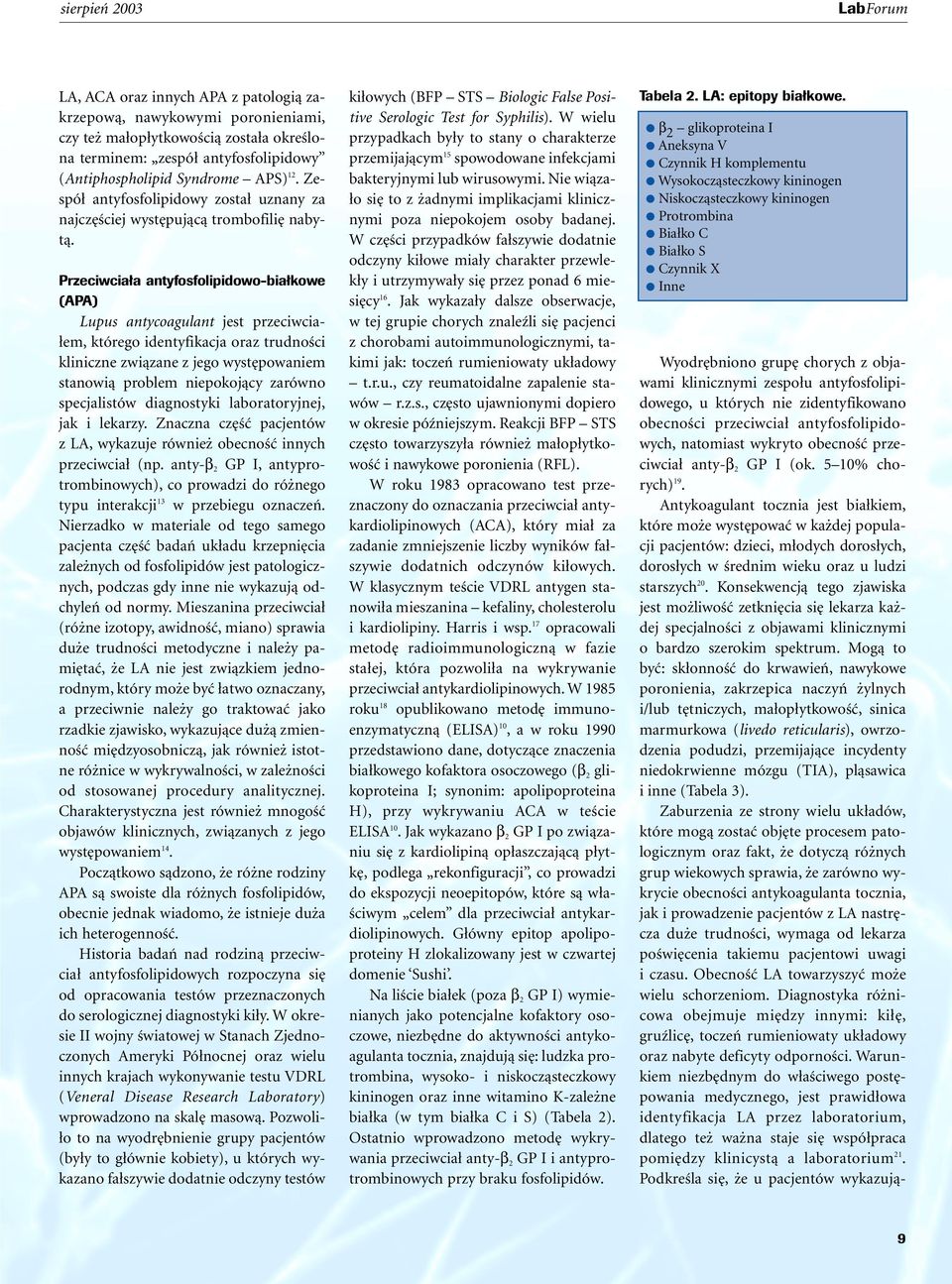Przeciwcia a antyfosfolipidowo-bia kowe (APA) Lupus antycoagulant jest przeciwcia- em, którego identyfikacja oraz trudnoêci kliniczne zwiàzane z jego wyst powaniem stanowià problem niepokojàcy