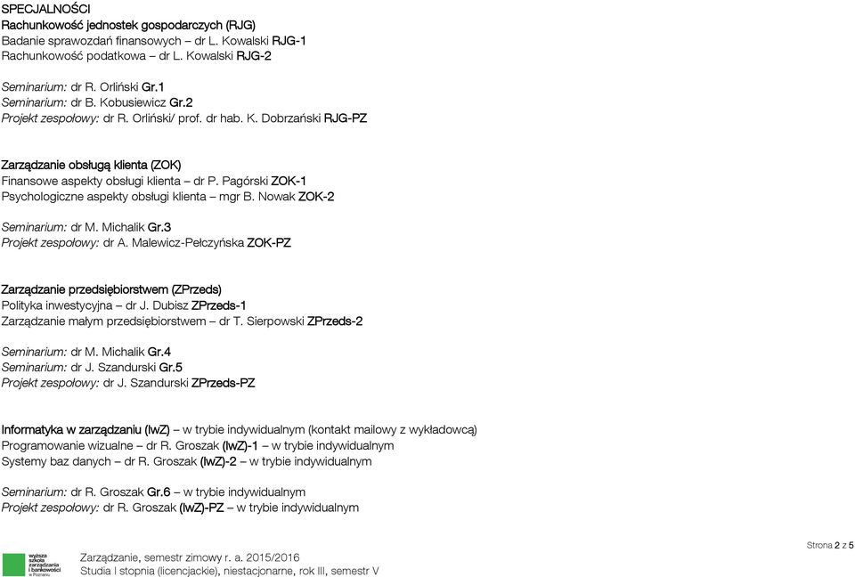 Nowak ZOK2 dr M. Michalik Gr.3 Projekt zespołowy: dr A. MalewiczPełczyńska ZOKPZ przedsiębiorstwem (ZPrzeds) Polityka inwestycyjna dr J. Dubisz ZPrzeds1 małym przedsiębiorstwem dr T.