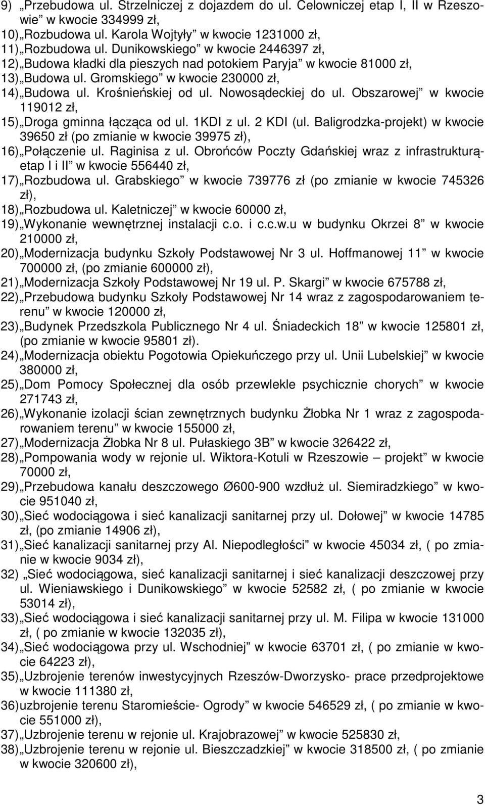 Nowosądeckiej do ul. Obszarowej w kwocie 119012 zł, 15) Droga gminna łącząca od ul. 1KDI z ul. 2 KDI (ul. Baligrodzka-projekt) w kwocie 39650 zł (po zmianie w kwocie 39975 zł), 16) Połączenie ul.
