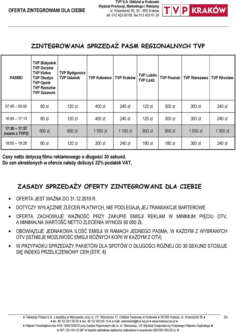 Katowice TVP Kraków TVP Lublin TVP Łódź TVP Poznań TVP Warszawa TVP Wrocław 07:45 09:00 80 zł 120 zł 400 zł 240 zł 120 zł 300 zł 300 zł 240 zł 16:45 17:13 80 zł 120 zł 400 zł 240 zł 120 zł 300 zł 300