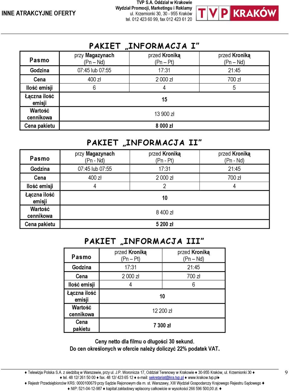 emisji 6 4 5 Łączna ilość emisji 15 Wartość cennikowa 13 900 zł Cena pakietu 8 000 zł PAKIET INFORMACJA II przy Magazynach przed Kroniką przed Kroniką Pasmo (Pn - Nd) (Pn - Pt) (Pn - Nd) Godzina