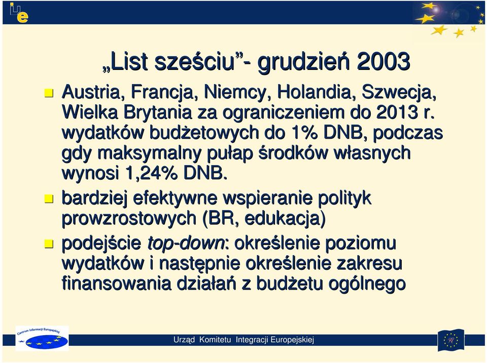 wydatków w budżetowych do 1% DNB, podczas gdy maksymalny pułap środków w własnych w wynosi 1,24% DNB.