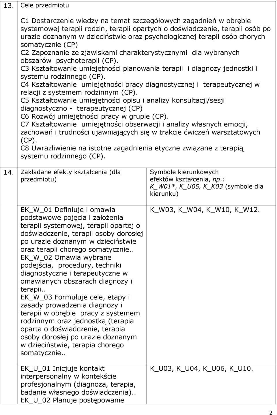 C3 Kształtowanie umiejętności planowania terapii i diagnozy jednostki i systemu rodzinnego (CP).