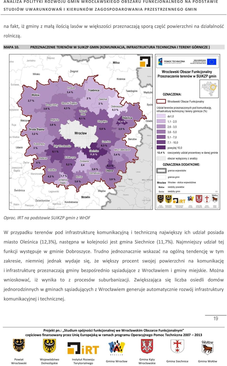 IRT na podstawie SUiKZP gmin z WrOF W przypadku terenów pod infrastrukturę komunikacyjną i techniczną największy ich udział posiada miasto Oleśnica (12,3%), następna w kolejności jest gmina Siechnice