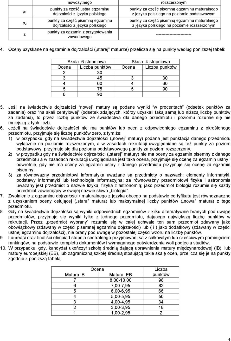 Oceny uzyskane na egzaminie dojrzałości ( starej maturze) przelicza się na punkty według poniższej tabeli: Skala 6-stopniowa Skala 4-stopniowa Ocena Liczba punktów Ocena Liczba punktów 2 30 3 45 3 30