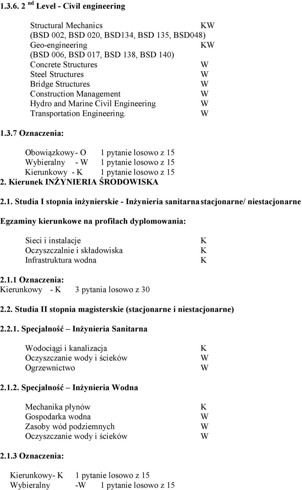 Structures Construction Management Hydro and Marine Civil Engineering Transportation Engineering. 1.3.