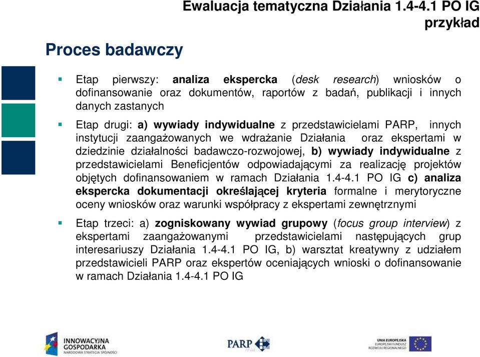 z przedstawicielami PARP, innych instytucji zaangażowanych we wdrażanie Działania oraz ekspertami w dziedzinie działalności badawczo-rozwojowej, b) wywiady indywidualne z przedstawicielami