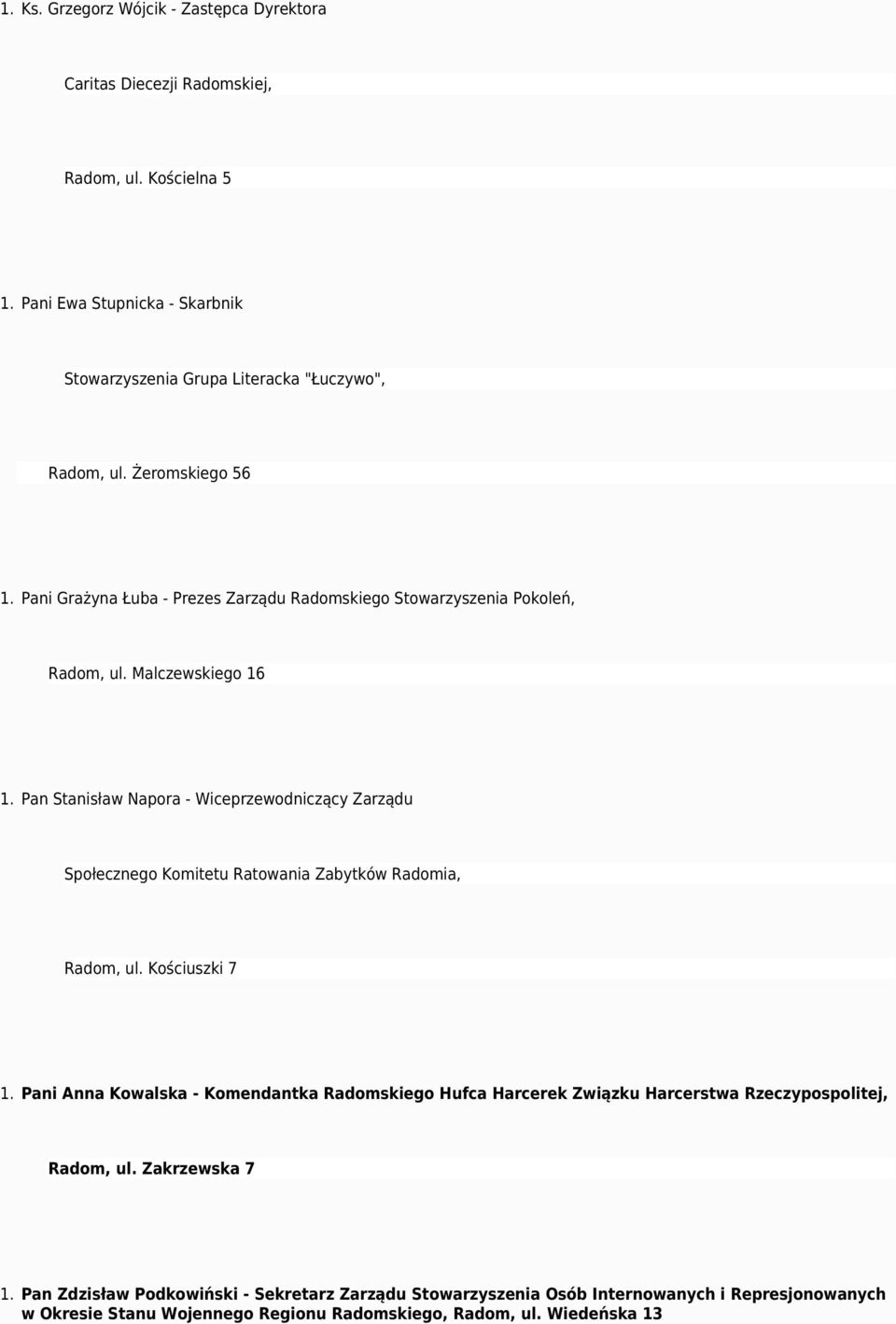 Pani Grażyna Łuba - Prezes Zarządu Radomskiego Stowarzyszenia Pokoleń, Radom, ul. Malczewskiego 16 1.