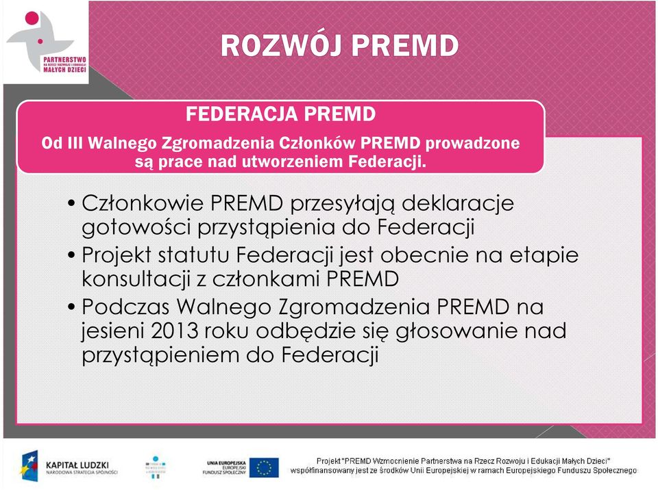Członkowie PREMD przesyłają deklaracje gotowości przystąpienia do Federacji Projekt statutu