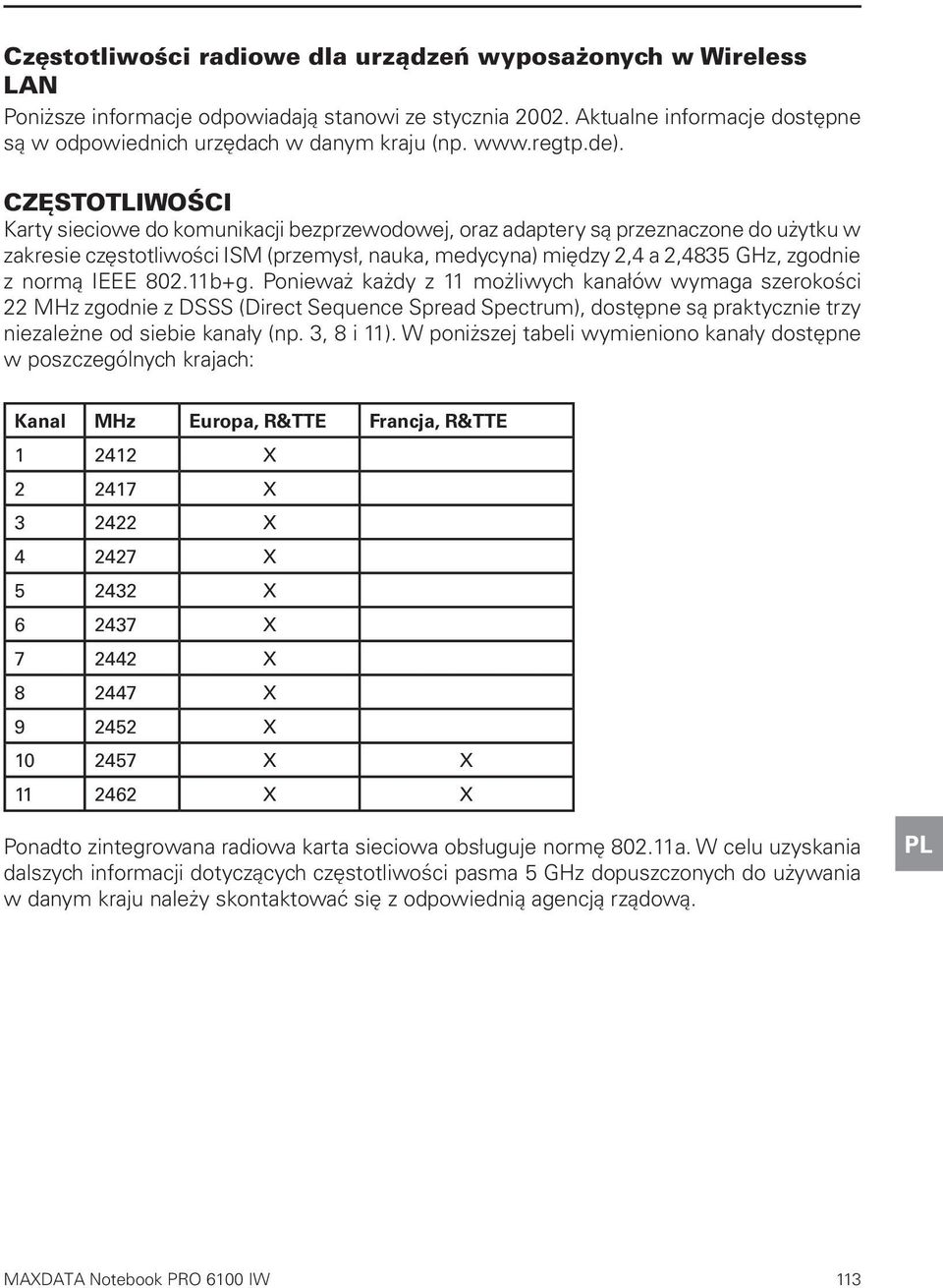 CZĘSTOTLIWOŚCI Karty sieciowe do komunikacji bezprzewodowej, oraz adaptery są przeznaczone do użytku w zakresie częstotliwości ISM (przemysł, nauka, medycyna) między 2,4 a 2,4835 GHz, zgodnie z normą